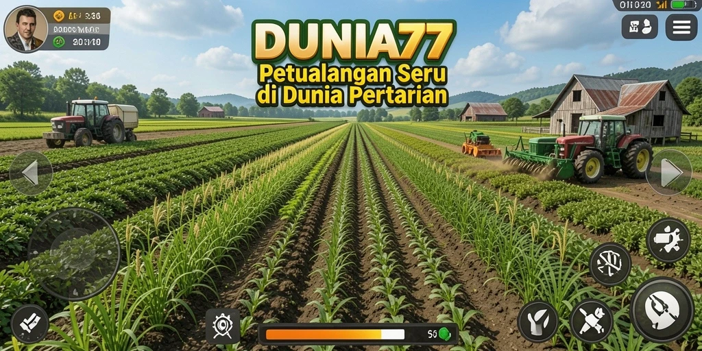 Screenshot gameplay DUNIA77 yang menampilkan kebun yang indah dan hewan ternak.