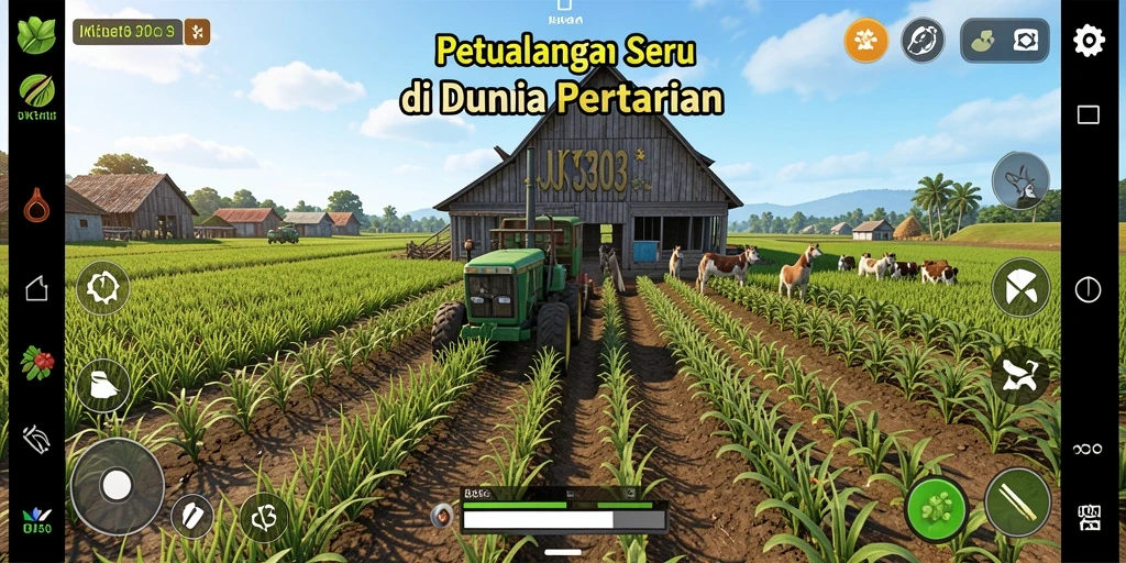 Screenshot dari gameplay seru di JKT303 dengan ladang hijau yang subur.