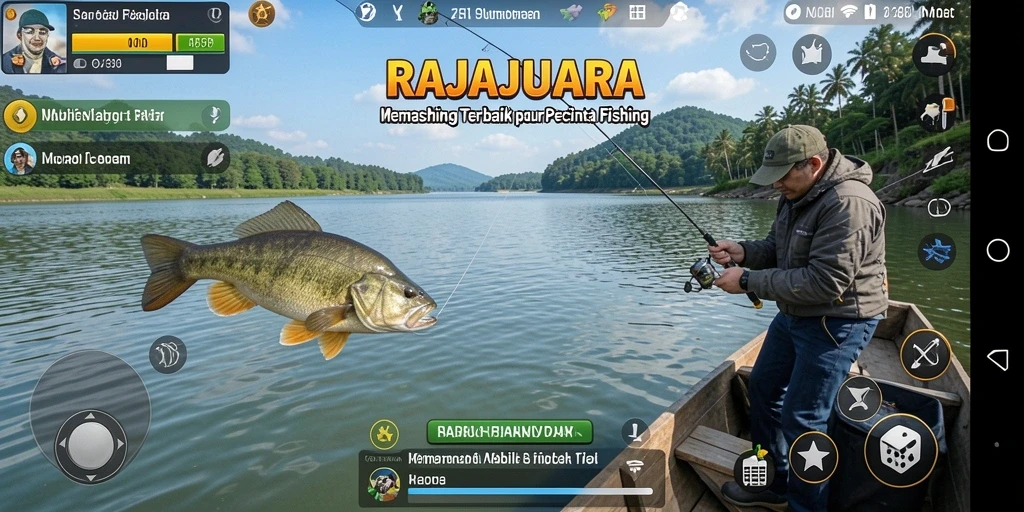 Tampilan dari gameplay RAJAJUARA dengan aksi memancing yang seru.