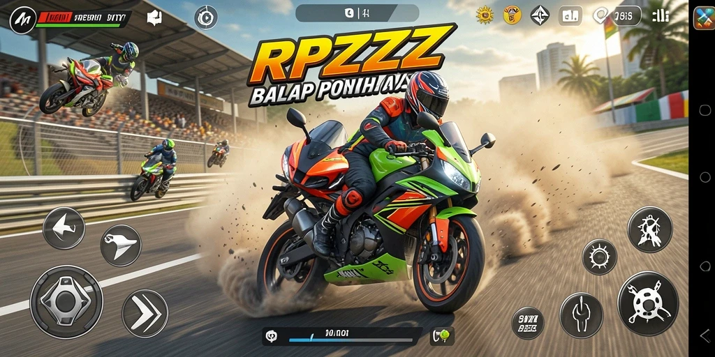 Screenshot gameplay RPZZZ menampilkan aksi balapan motor yang seru dan mendebarkan.